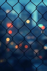 Urban night view through chain link fence with blurred city lights in the background