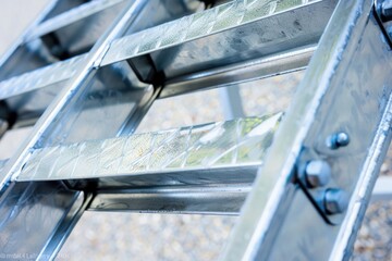 A detailed look at the construction and details of a metal ladder, perfect for use in industrial or DIY contexts