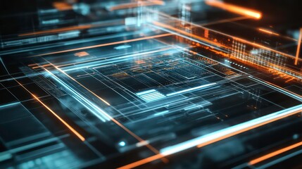 Closeup view of a futuristic transparent smart glass interface device displaying glowing data and wireframe polygon network This high tech concept represents the future of computing virtual reality