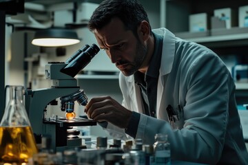 Man in lab coat uses microscope to examine tiny specimen, suitable for science and technology illustrations