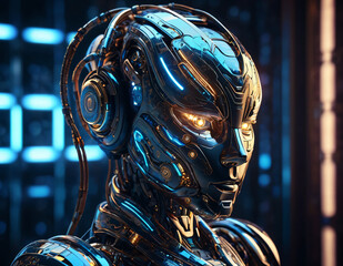 Highly detailed concept image of a futuristic android equipped with advanced technology and sophisticated artificial intelligence. The robot displays intricate machine structures and glowing circuits.