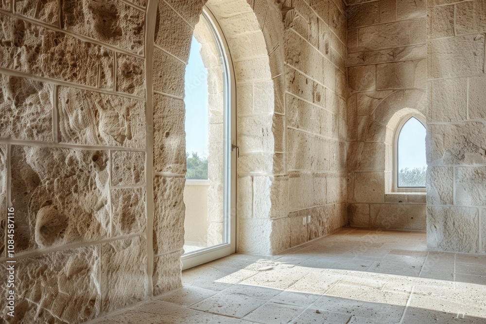 Poster a simple room with a window and stone wall