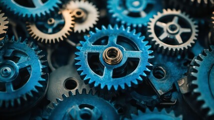 Close-Up of Interlocked Blue Metal Gears Representing Teamwork, Industrial Machinery, Precision Engineering, and Synchronization -