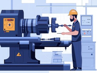 Skilled Machinist Working in Industrial Workshop with Precision Machinery and Tools, Focusing on Metal Fabrication and Manufacturing Processes