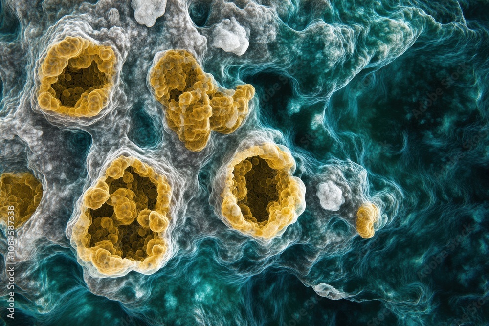 Poster a close-up examination shows diverse cells and structures showcasing biological interactions in a dy
