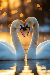 Fototapeta premium Two swans forming a heart shape on a tranquil lake at sunset in autumn