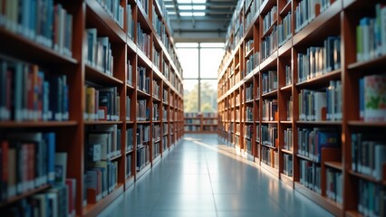Obraz premium Exploring the serene corridors of a library filled with countless stories and knowledge, where sunlight dances through tall windows in the late afternoon