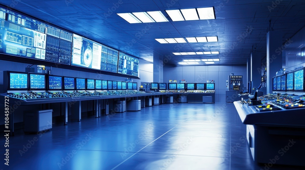 Poster futuristic control room with multiple monitors displaying data and graphs in a high-tech environment