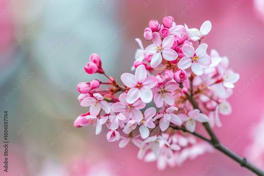 Poster a close-up shot of a pink flower on a branch, ideal for use in nature-inspired designs and illustrat