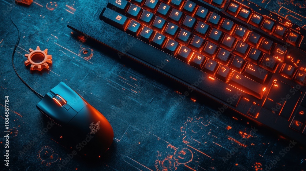 Fototapete a glowing keyboard and a high-precision mouse rest on a dark, tech-inspired surface, ideal for gamin