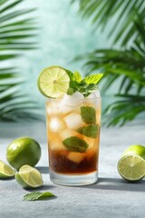 Fototapeta premium Refreshing cocktail with lime and mint surrounded by fresh limes in a tropical setting