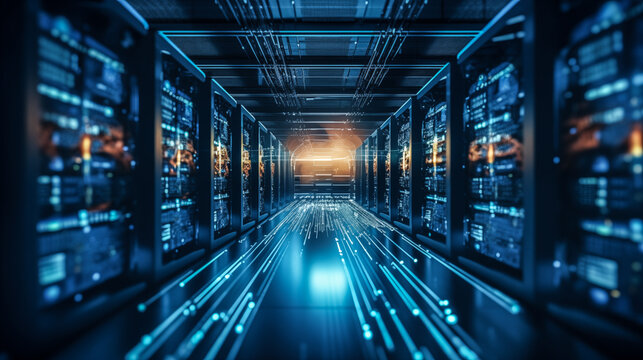 Futuristic Data Center with Glowing Servers and Digital Connections