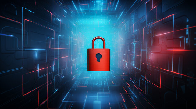 Digital security concept with red padlock on futuristic background