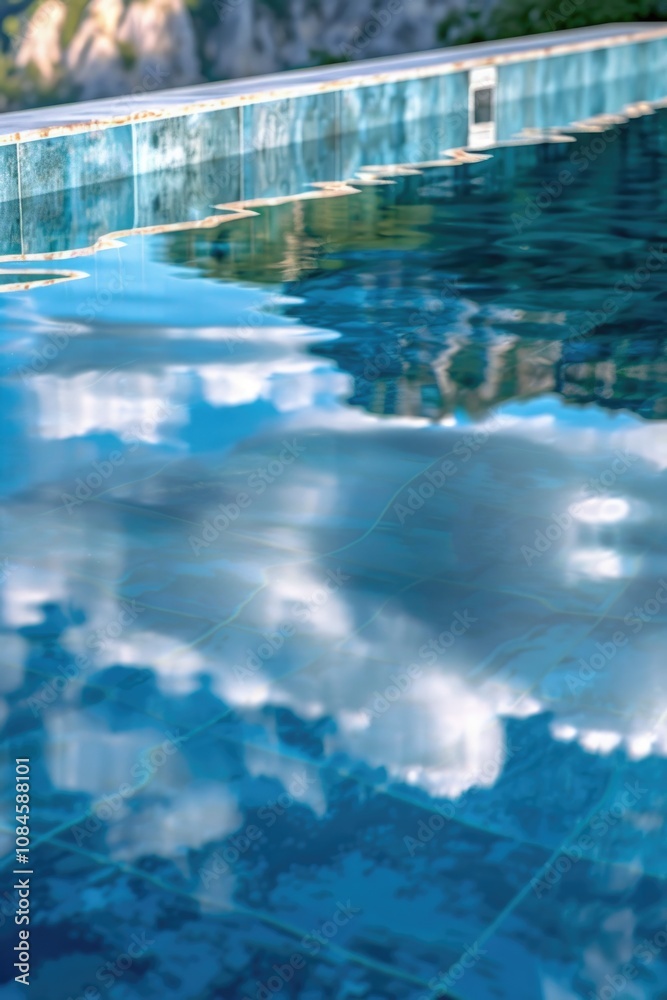Poster a still pool of water with a blue tiled wall reflected in it, making it look like one with the sky