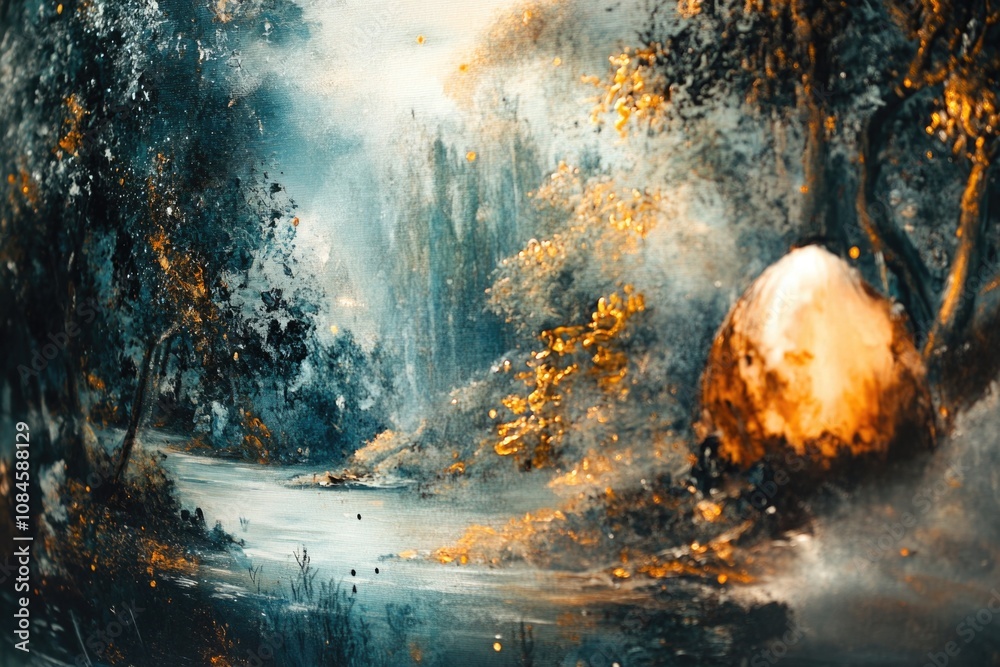 Poster a serene scene of a river flowing through a dense forest