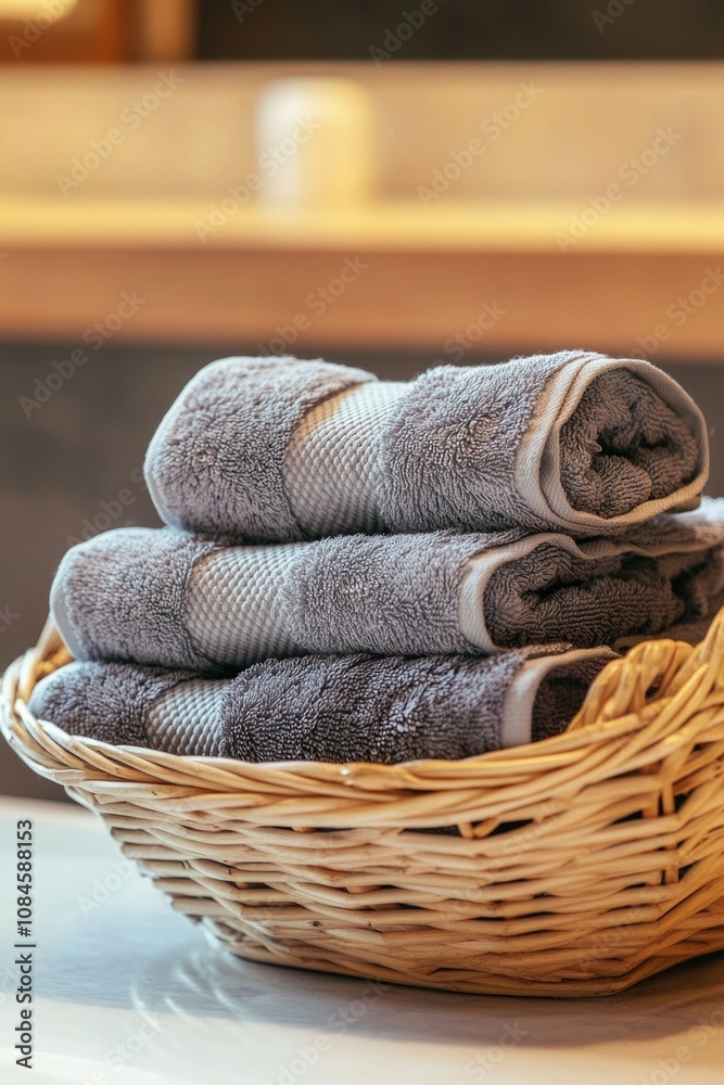 Poster a basket filled with towels sits on top of a counter, ready for use
