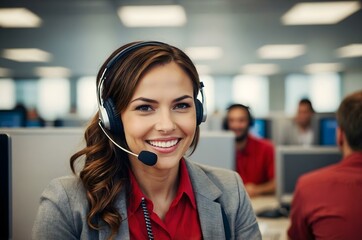 Portrait of a businesswoman with headset on, red dressed young woman with a headset smiling, working as a call center operator in a busy office. Brunette, red lips, operator, assists 