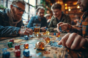 A group of friends is gathered around a table in a warm pub, engaging in a board game while sharing drinks and enjoying each other's company as they roll dice and strategize