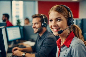 Portrait of a businesswoman with headset on, red dressed young woman with a headset smiling, working as a call center operator in a busy office. Red hair, red lips, operator, assists 