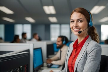 Portrait of a businesswoman with headset on, red dressed young woman with a headset smiling, working as a call center operator in office. Red hair, representative, operator, assists 
