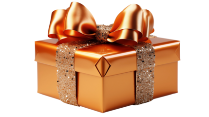 A shiny orange gift box with glitter and a vibrant bow, ideal for birthdays and festive occasions, isolated on transparent background.