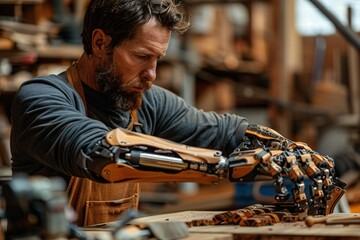 A skilled artisan is focused on his woodworking project, utilizing advanced robotic arms to enhance precision
