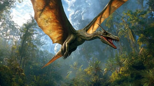 Winged dinosaur in Jurassic era, flying prehistoric animal like dragon in forest. Concept of nature, jungle, predator, reptile. 