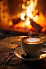 A cup of coffee sits on top of a wooden table, ready for use