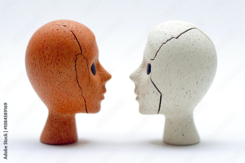 Poster two clay heads placed facing each other on a white background, suitable for use in designs about sym