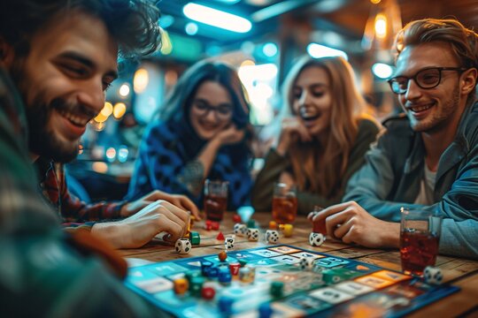 A group of four friends gathers around a table in a warm cafe, playing a board game. Laughter fills the air while drinks sit nearby, creating an atmosphere of fun and camaraderie