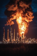 Fototapeta premium Flames erupt from an industrial facility at night, illuminating the sky with orange hues