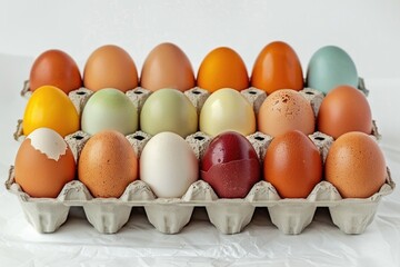 A carton filled with variously colored eggs for Easter or other celebrations