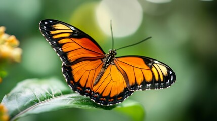 Fototapeta premium Monarch Butterfly Resting on a Green Leaf in a Lush Garden. AI Generated