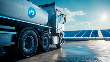 Hydrogen tanker truck near a solar panel farm under a clear blue sky.