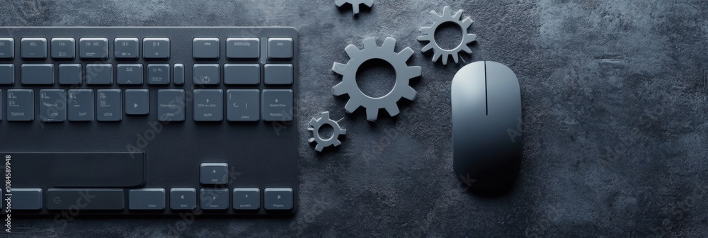 Aufkleber This setup features a sleek keyboard and mouse alongside mechanical gears, illustrating a blend of technology and creativity. Generative AI