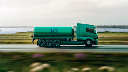 Hydrogen tanker truck driving near solar panels on highway.