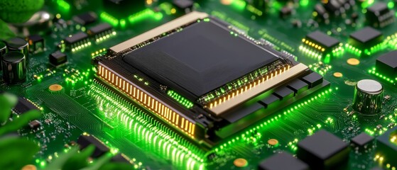 Obraz premium Green Circuit Board with Processor and Gold Connectors Tech Background