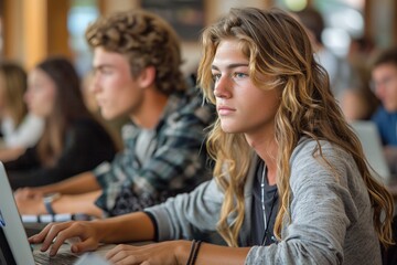 A group of students are deeply focused on their laptops, engaging in a collaborative study session. The atmosphere reflects concentration and teamwork in a contemporary classroom setting