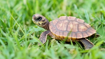 A small turtle sits in grass