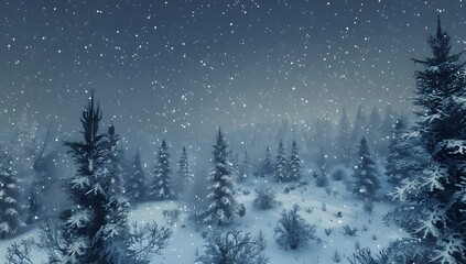 Winter night landscape featuring a snowy forest with fir branches, capturing the serene beauty of the season.