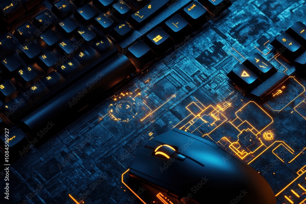Aufkleber a keyboard and mouse are placed on a sleek tech-themed surface, featuring a gear overlay that highli