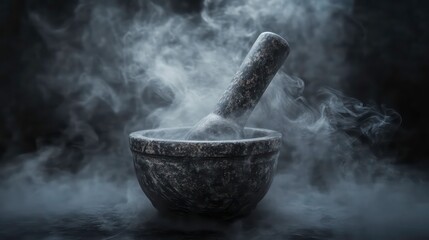 Close up image of an antique vintage stone mortar and pestle set against a dark moody background with swirling smoke and steam rising from the pestle symbolizing the artisanal
