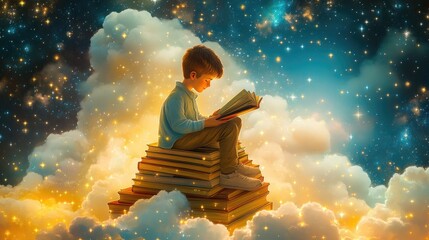 A young boy sitting among piles of books, ideal for educational and learning themes