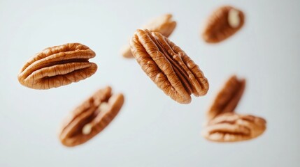 A bunch of pecans suspended in mid-air, frozen in time
