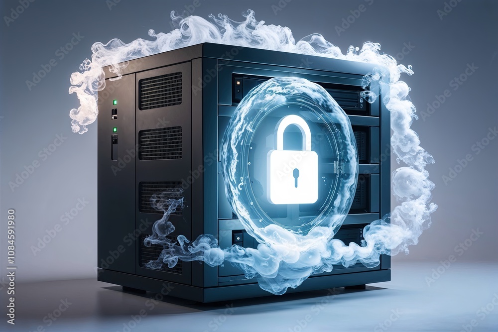 Poster radiant vapors enveloping a secure symbol on a server signifying cloud computing security and innova