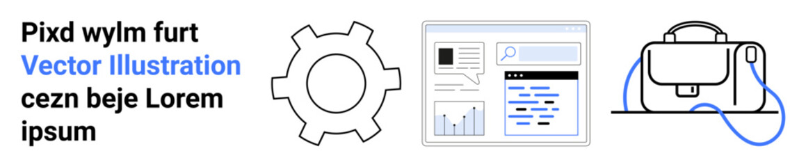 Gear symbol, web interface with search bar and graphs, and a backpack. Ideal for business concepts, digital marketing, educational materials, startups, technology, productivity, and work-life