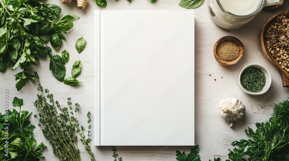 Poster a cookbook filled with recipes surrounded by various herbs and spices