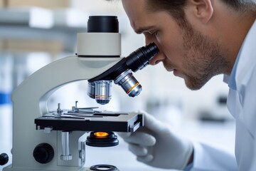 Scientist studying microscopic specimen, Use in educational or scientific publications
