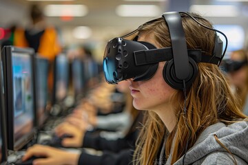 A student wears a virtual reality headset in a technology lab, deeply focused on the immersive experience while using a computer. Surrounding peers are also engaged in their activities