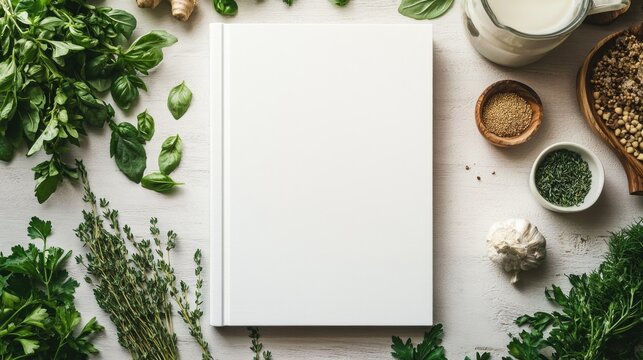 A cookbook filled with recipes surrounded by various herbs and spices